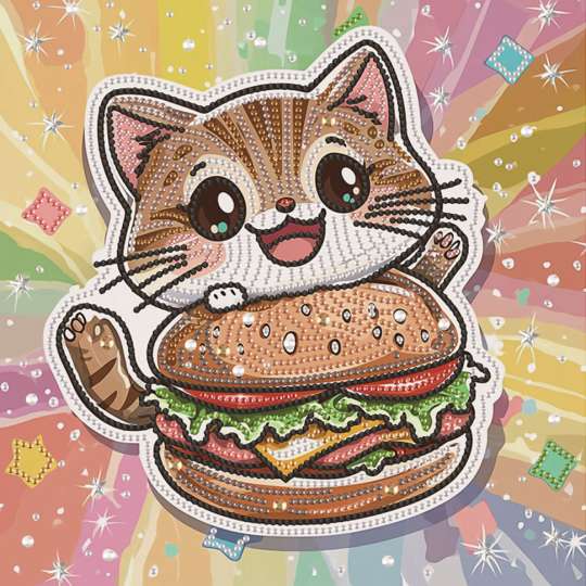 Алмазная мозаика "Котенок с гамбургером" DBS52207 неполная выкладка 25х25 см