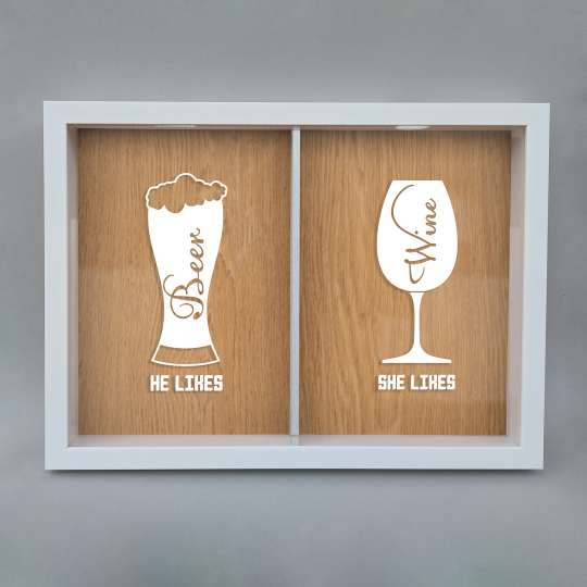Двойная рамка копилка "He likes beer, she likes wine" для пробок, white-brown, white-brown, англійська