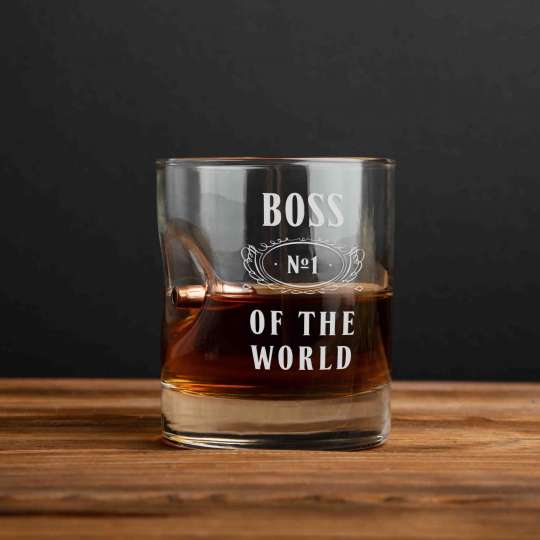 Стакан с пулей "Boss №1 of the world" для виски, англійська, Тубус зі шпону
