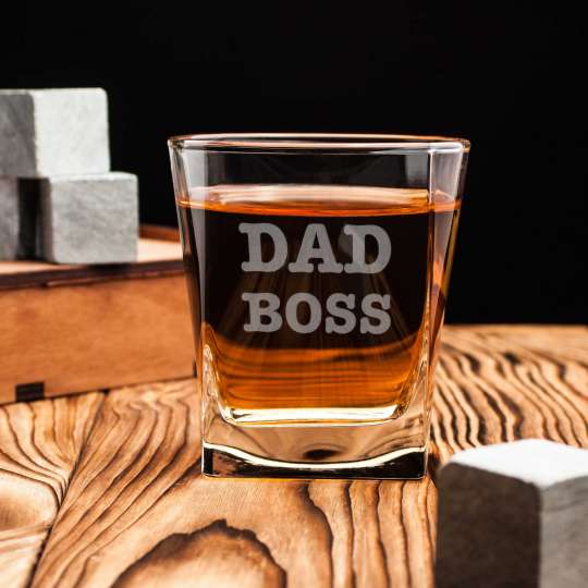 Стакан для виски "Dad Boss", англійська, Дерев'яна подарункова коробка з гравіюванням